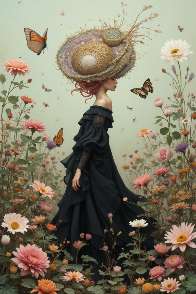The image depicts a surreal and ethereal scene with a woman standing amidst a lush array of flowers. She is wearing a flow...