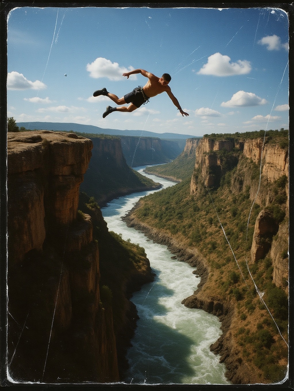 scanned print analog photo closeup of a base jumper leaping from a cliff,  with an expansive canyon and a raging river bel...