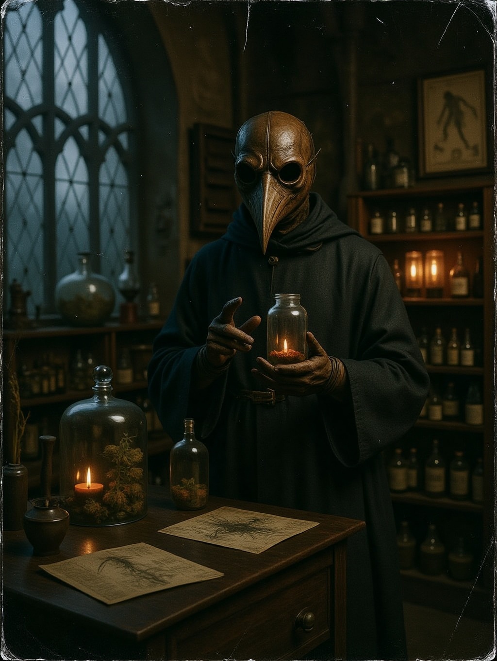 scanned print analog photo of a hollow-eyed plague doctor in a leather bird mask and dark robes examines a mysterious spec...