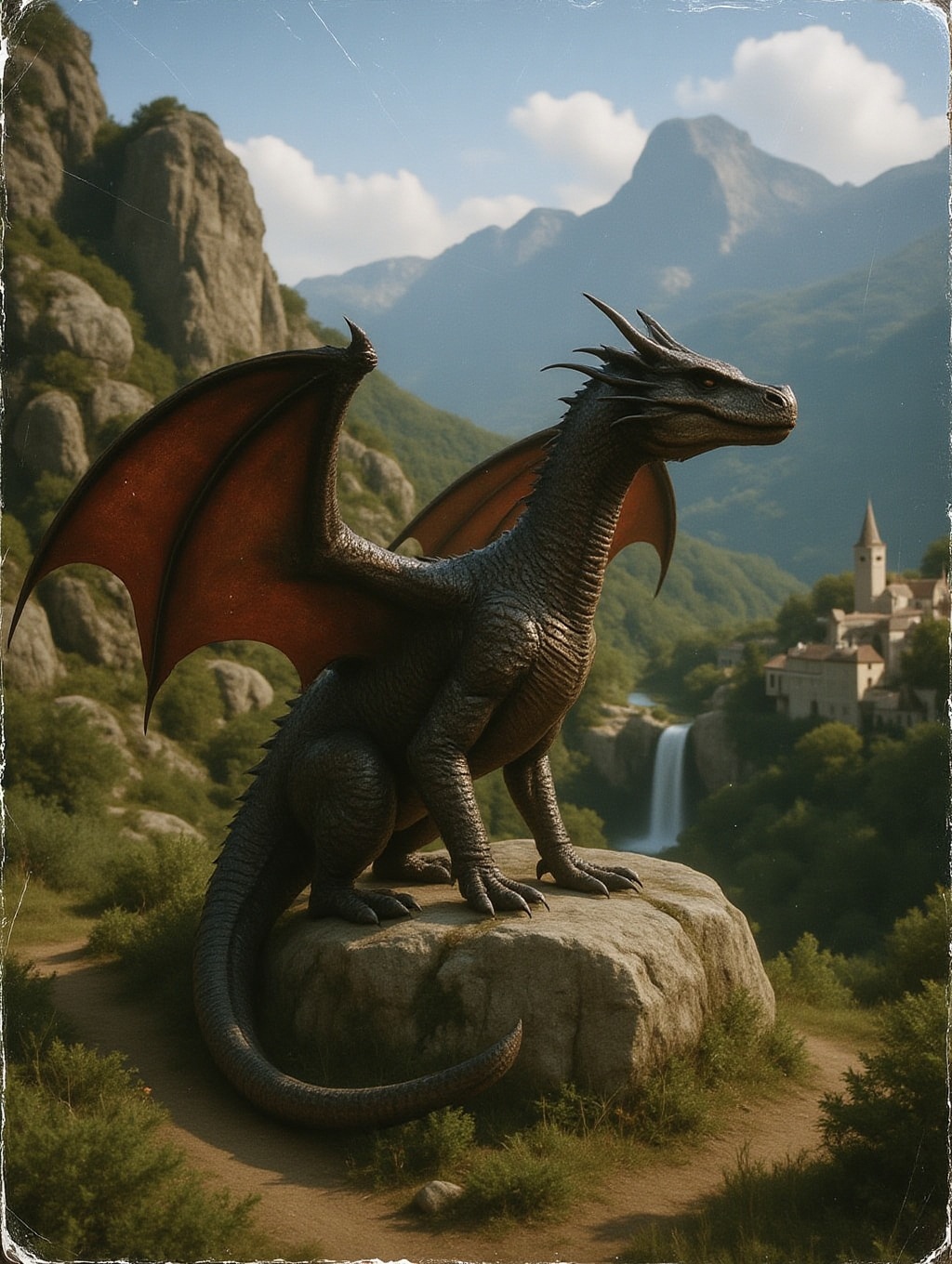 scanned print analog photo of a dragon with shiny metallic red and black scales spreading its wings wide on a large rock o...