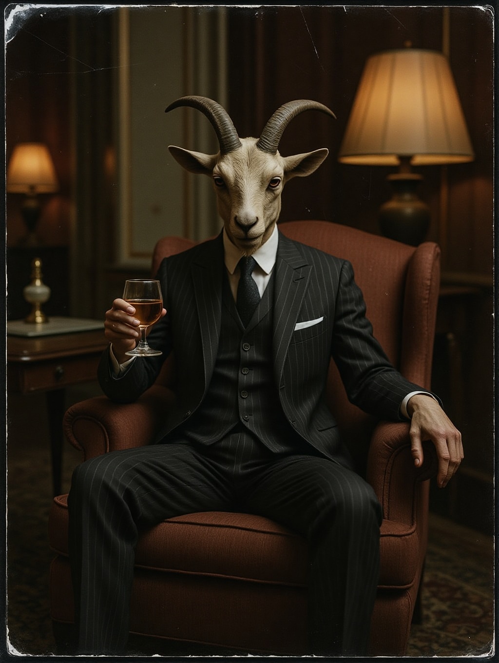 scanned print analog photo of an unsettling chimera goat-man dressed in a pinstripe suit and sitting in an armchair next t...