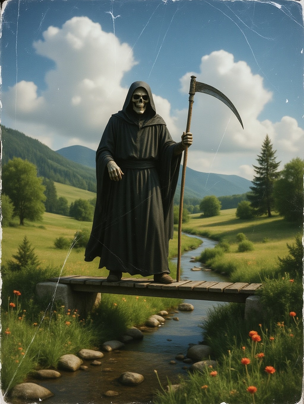 scanned print analog photo of the grim reaper holding his scythe as he stands on a bridge spanning a winding stream on a s...