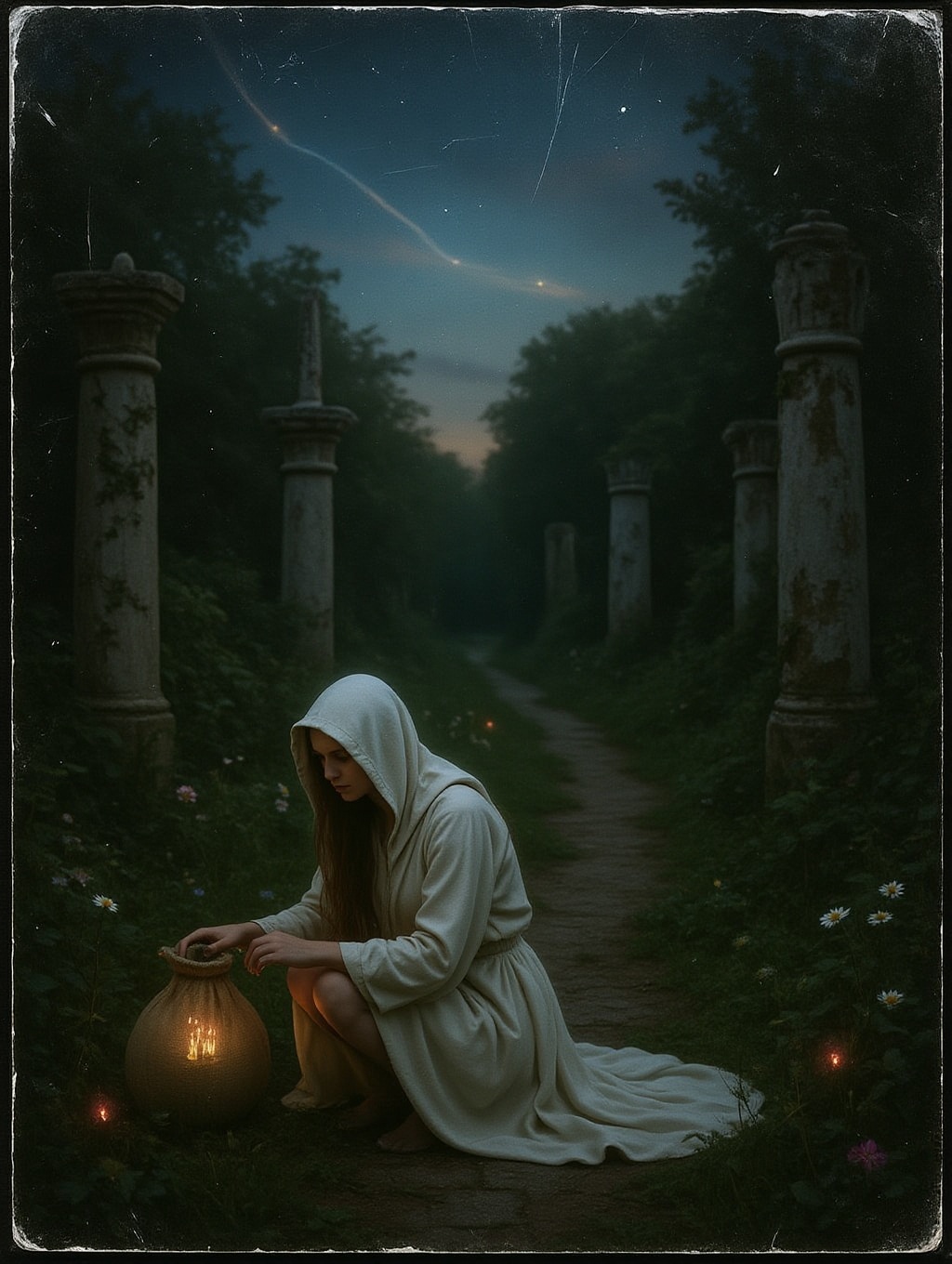 scanned print analog photo of a mystical landscape faerie realm with a woman in white hooded robes crouched next to a sack...