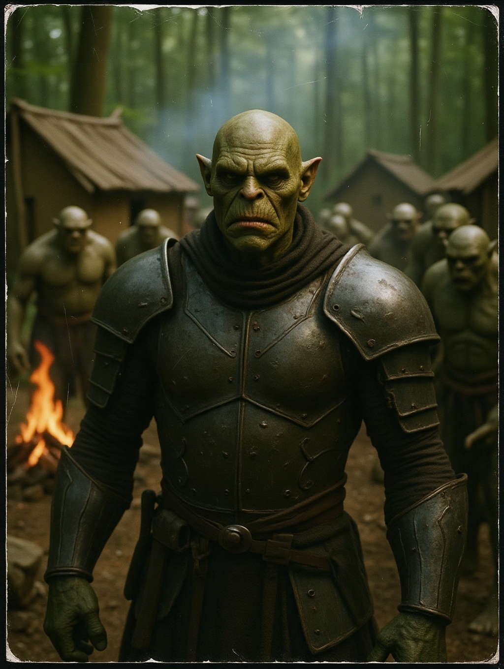 Analog photo head and shoulders portrait of a fierce battle-scarred and battered green-skinned monster orc warrior in heav...