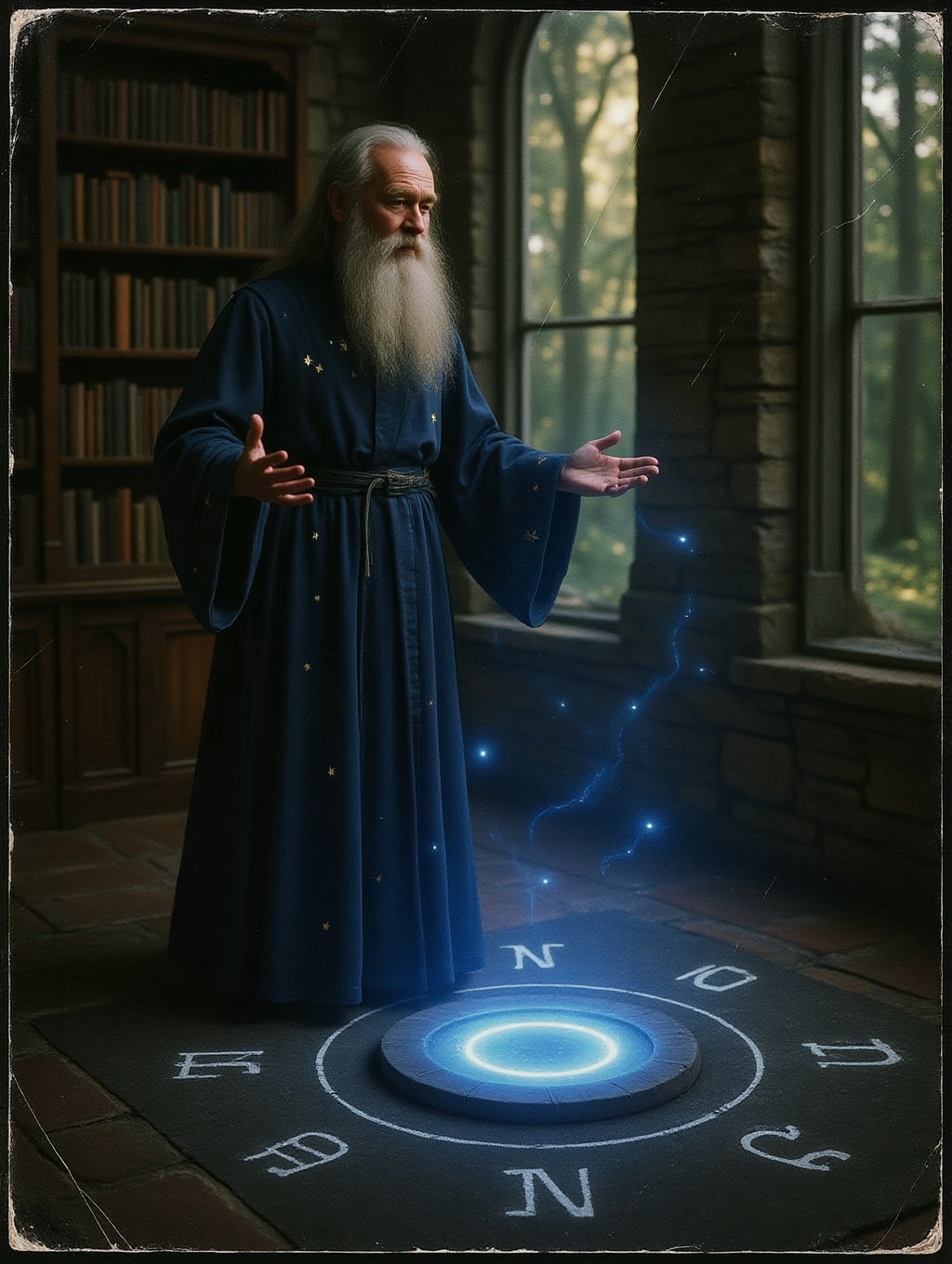 scanned print analog photo of a magician wearing indigo long robes with silver stars is standing in his stone and wood lib...