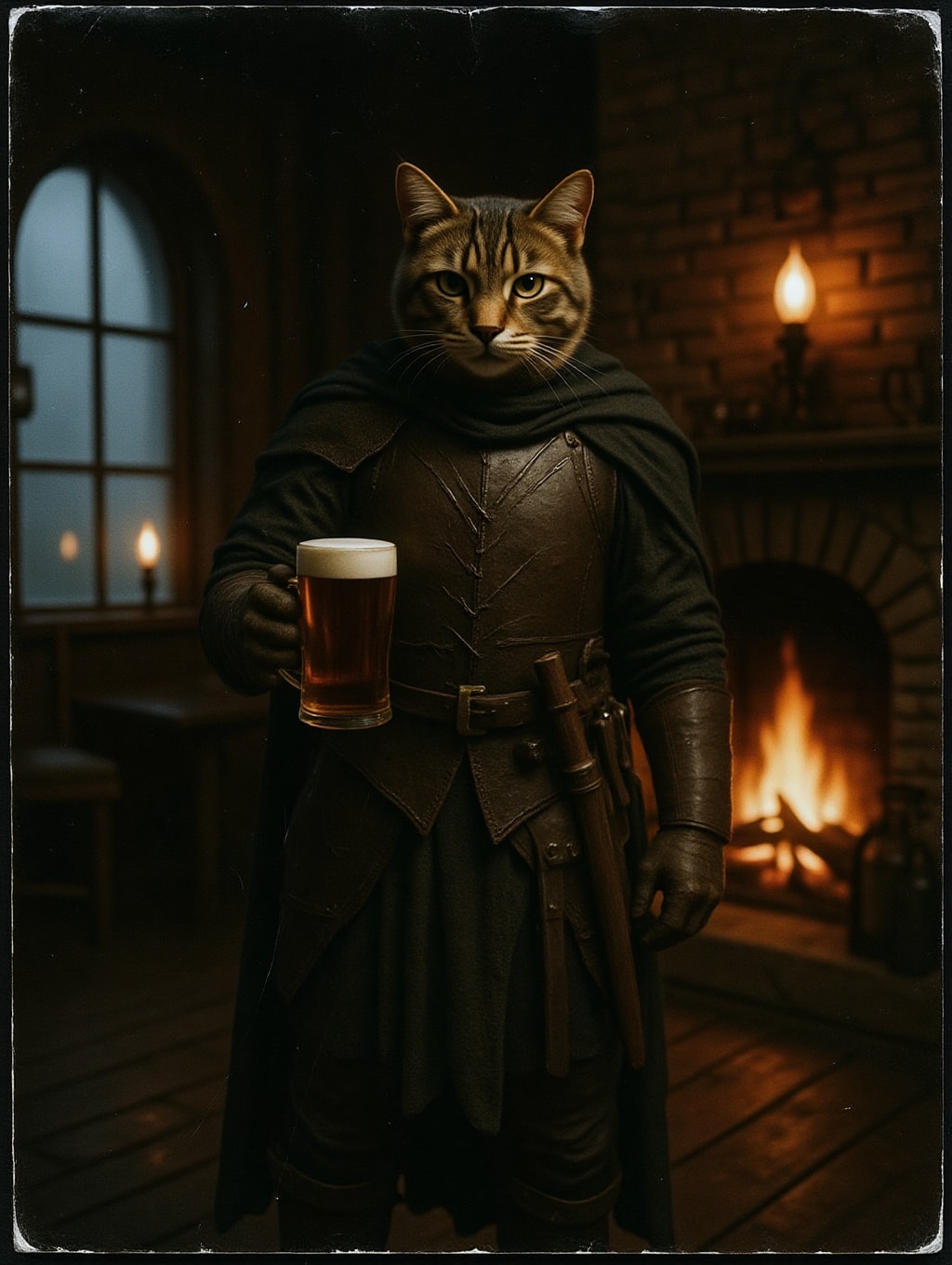 scanned print analog photo of a fantasy anthropomorphic cat warrior in a dark tavern holding a pint of ale in a cozy envir...