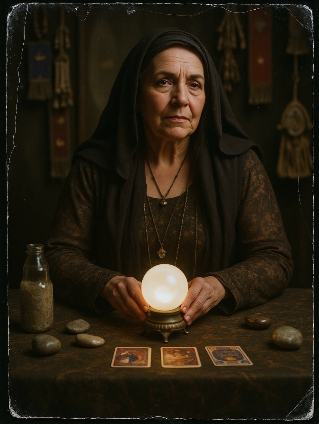 scanned print Analog photo with faint scratches and dust marks closeup portrait of an older handsome gypsy woman who sits...