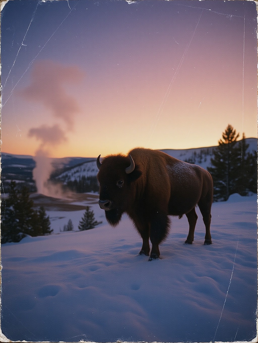 scanned print analog photo of a solitary bison who stands on a snowy ridge at dawn,  its breath visible in the freezing ai...