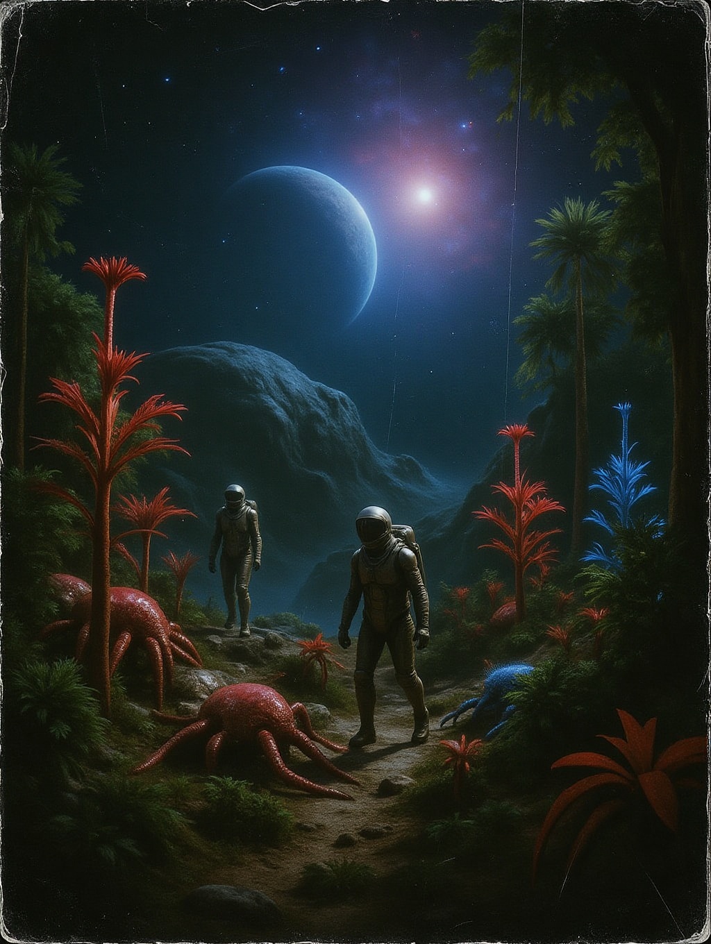 scanned print analog photo of an alien planet with explorers in futuristic space suits traversing a wild terrain among mon...