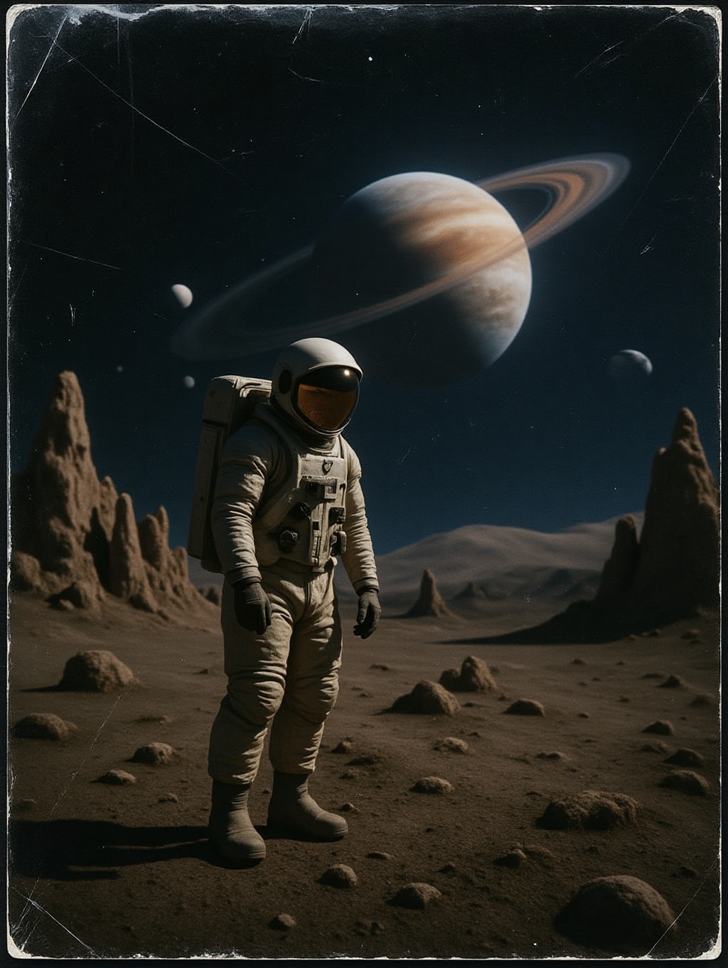 scanned print analog photo of a solitary astronaut standing on the surface of an alien moon,  witnessing the rise of a rin...