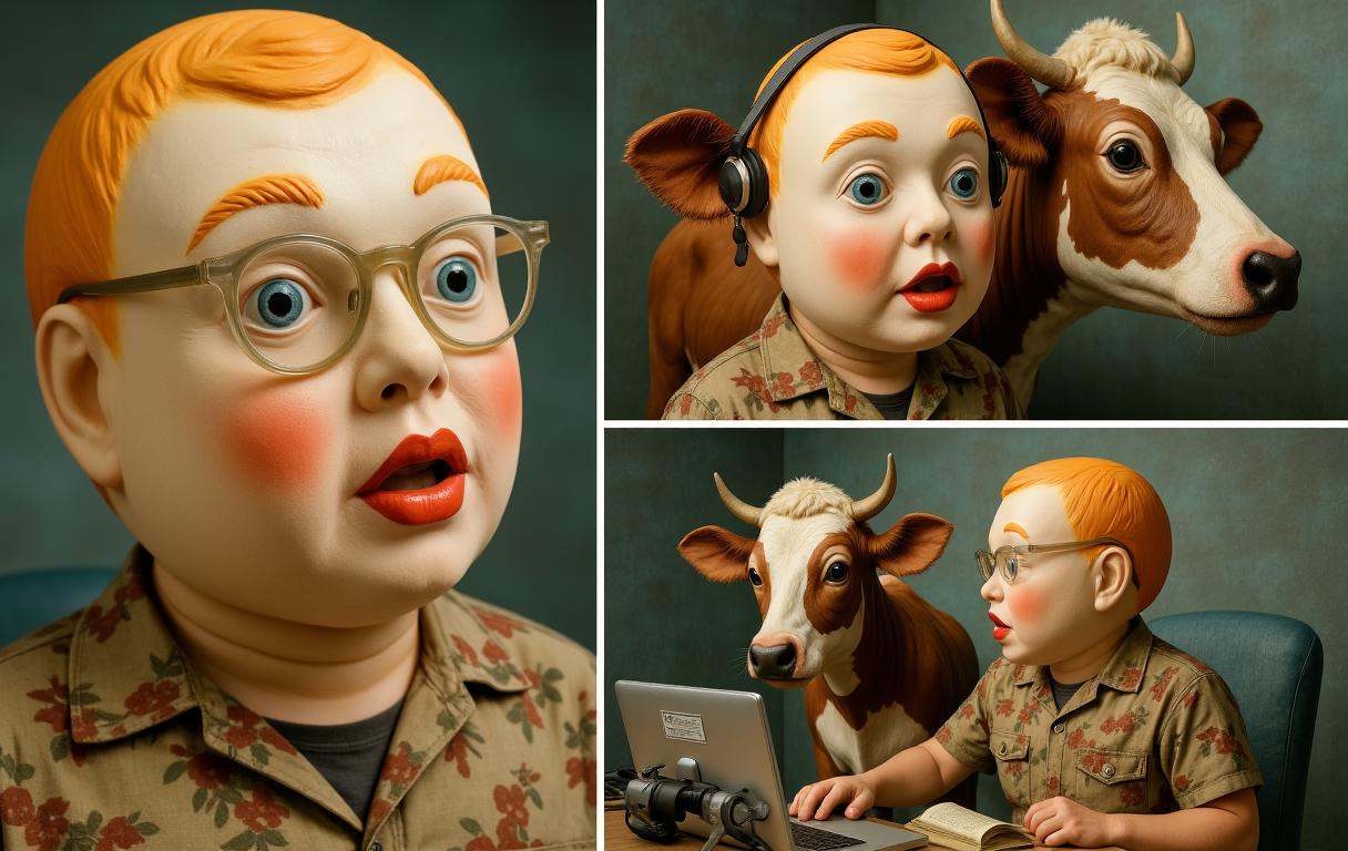 photo realism. multiple views,  composite image. today boojib (an ***** in a rubber mask) got a new job because the zoo bo...