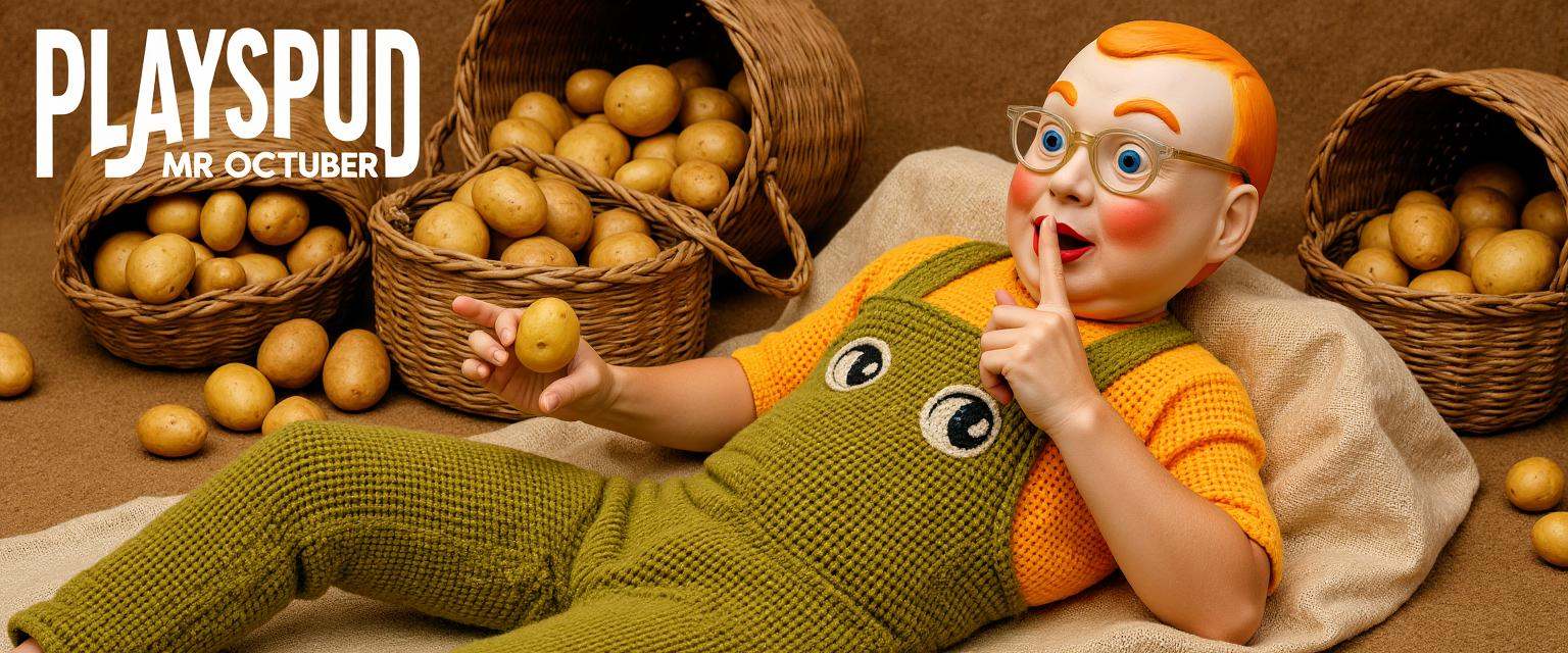 Centerfold spread for magazine,  text says "PLAYSPUD - MR OC'TUBER". full body,  reclining. boojib on Tensor.Art