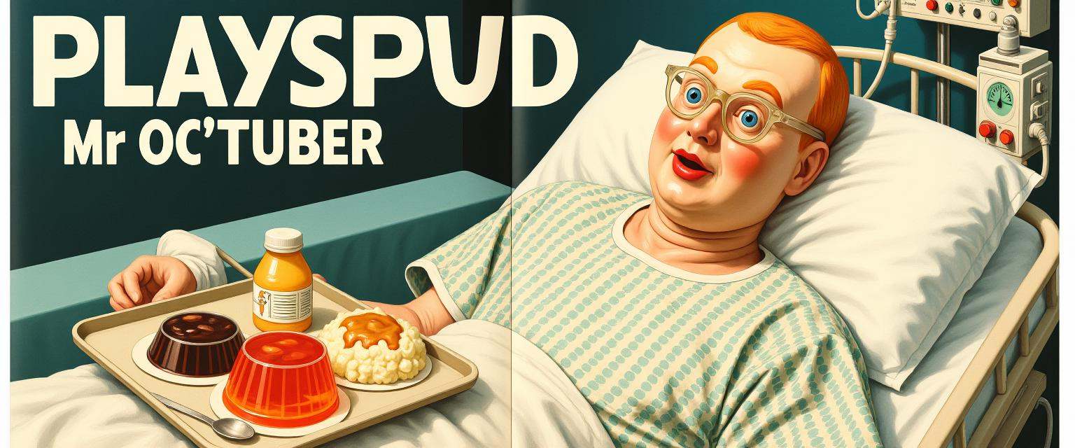 Centerfold spread for magazine,  text says "PLAYSPUD - MR OC'TUBER".full body,  reclining. boojib on Tensor.Art