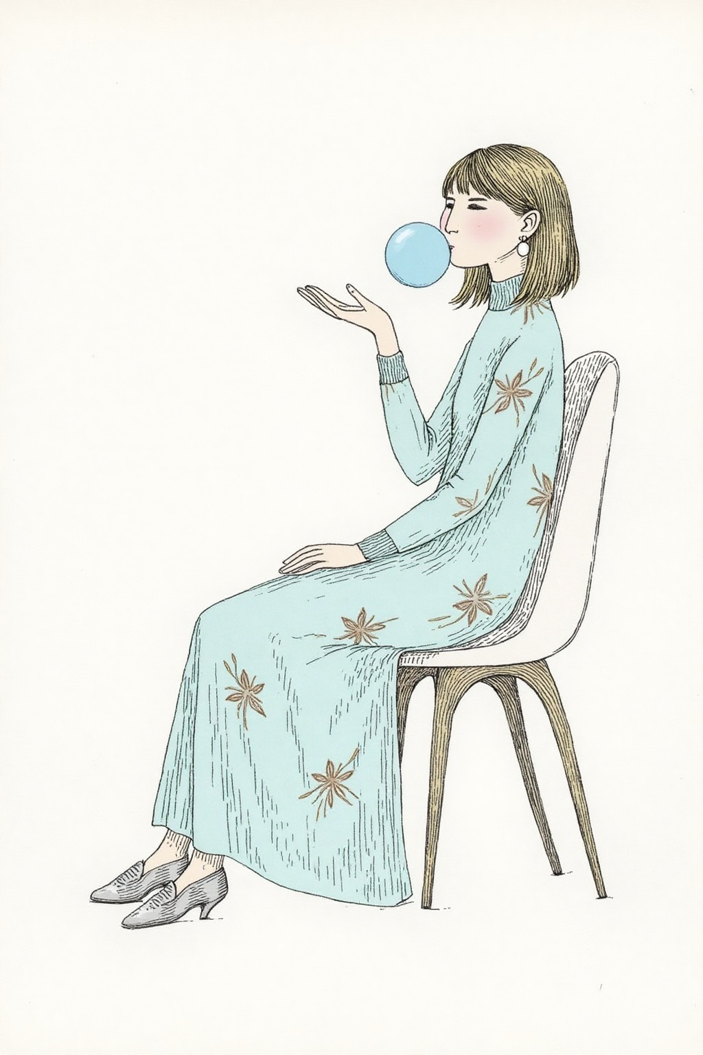 edwardgorey1 illustration. A woman light-blue long wool dress with subtle floral patterns sits on a white modern chair,  b...
