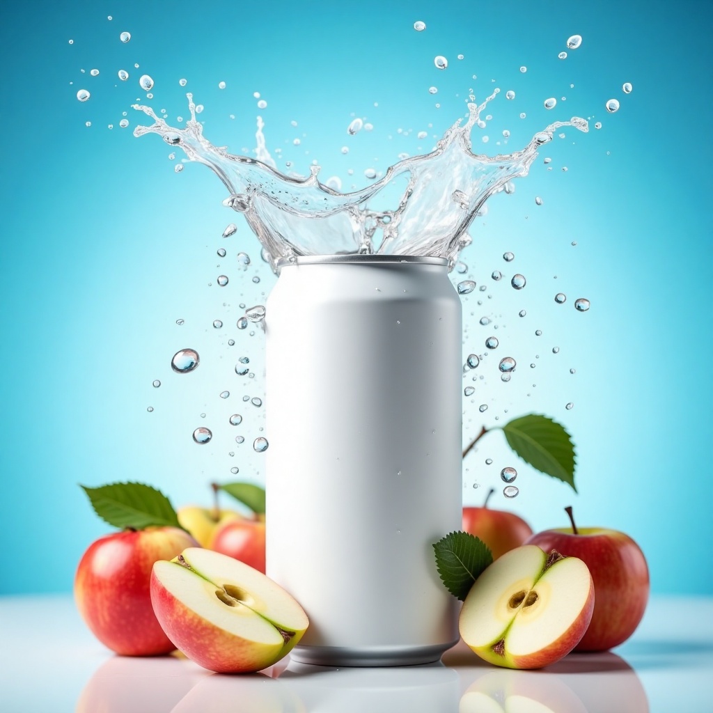 The image shows a plain can of cider with no text. The can is surrounded by water droplets,  suggesting that the cider is...