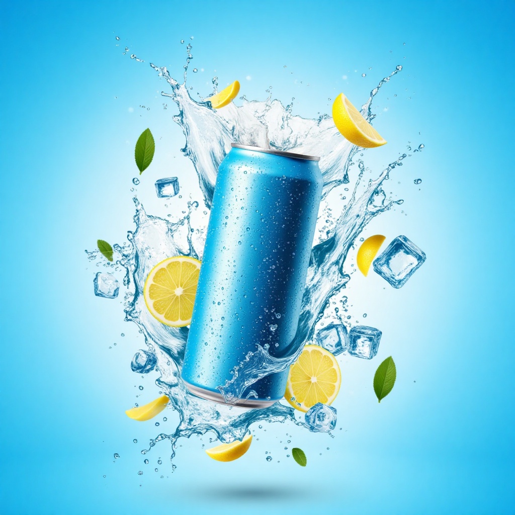 The image features a can of drink,  a a plain blue can,  prominently displayed in the center. The can is surrounded by dyn...
