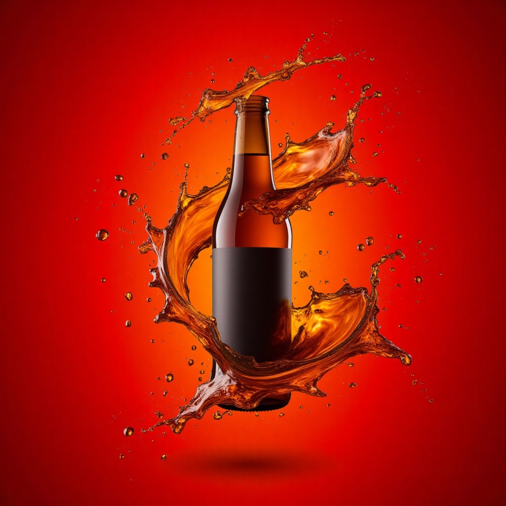 The image depicts a dynamic and vibrant scene centered around a plain glass bottle,  no text at all in the bottle. The bot...