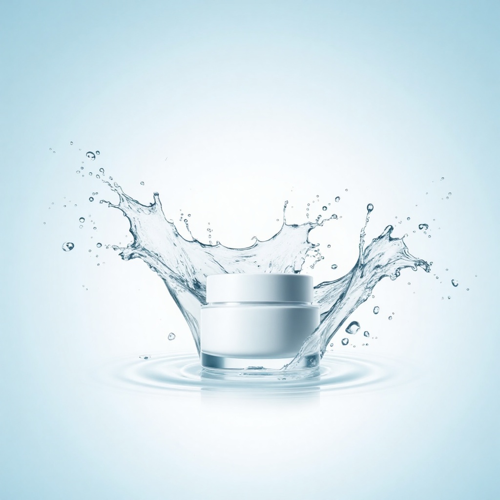 The image showcases a plain jar of moisturizer. The jar is positioned against a backdrop of water splashing,  creating a d...