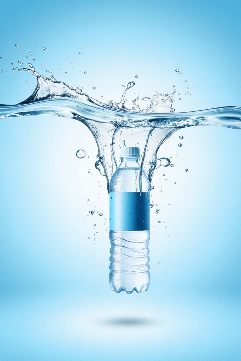 The image depicts a Plain bottle of water submerged in water,  creating an artistic splash effect. The water is clear and...
