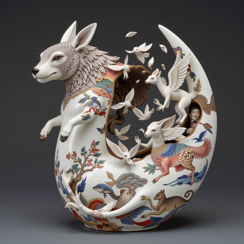 ((porcelain)),  human-animal hybrid,  Cloisonné enamel porcelain. translucent body revealing inner world A vase shaped lik...