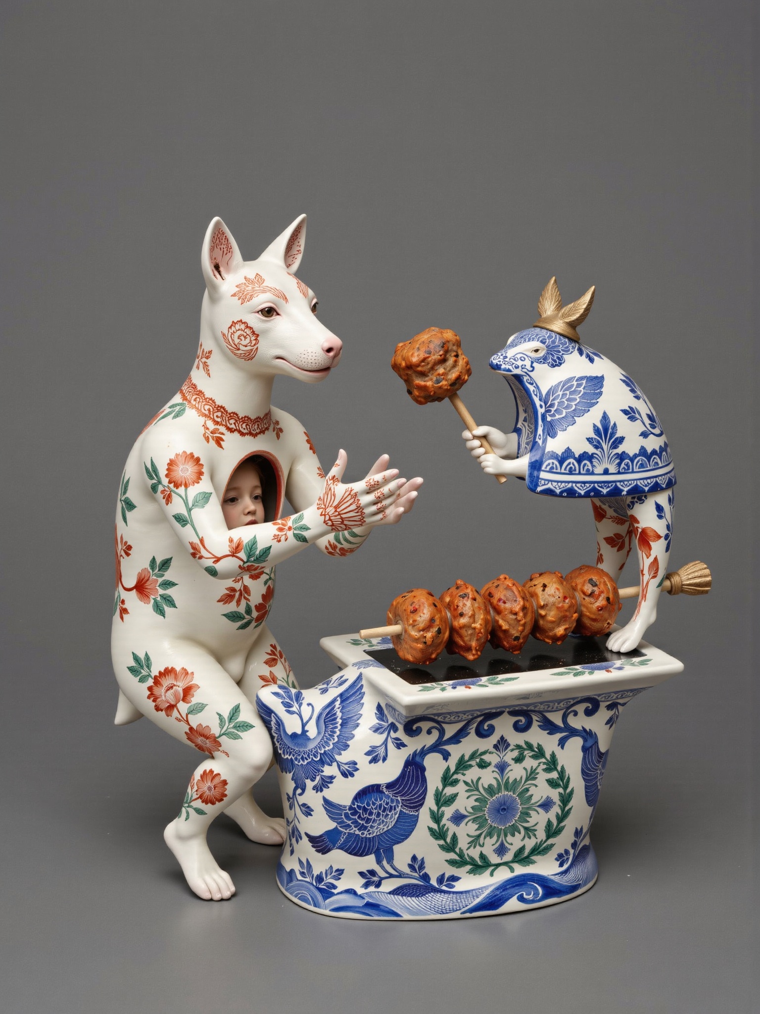 ((porcelain)),  human-animal hybrid,  translucent body revealing inner world A Mexican Talavera-style taco holder barrels...