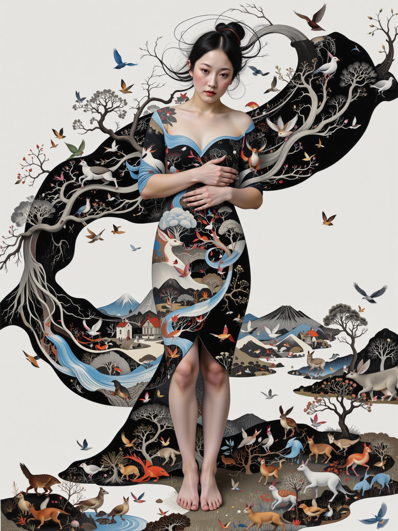 Surreal digital illustration painting in the style of Asa CHEN,  Mystical beauty stands barefoot,  shrouded in charcoal pe...