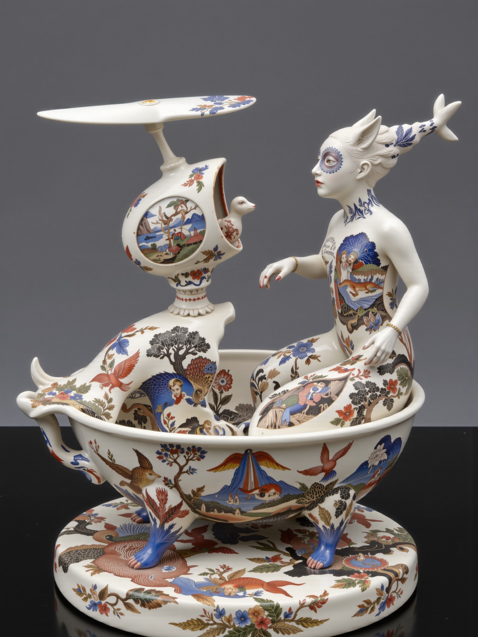 ((porcelain)),  human-animal hybrid,  Cloisonné enamel porcelain. translucent body revealing inner world A sugar bowl mold...