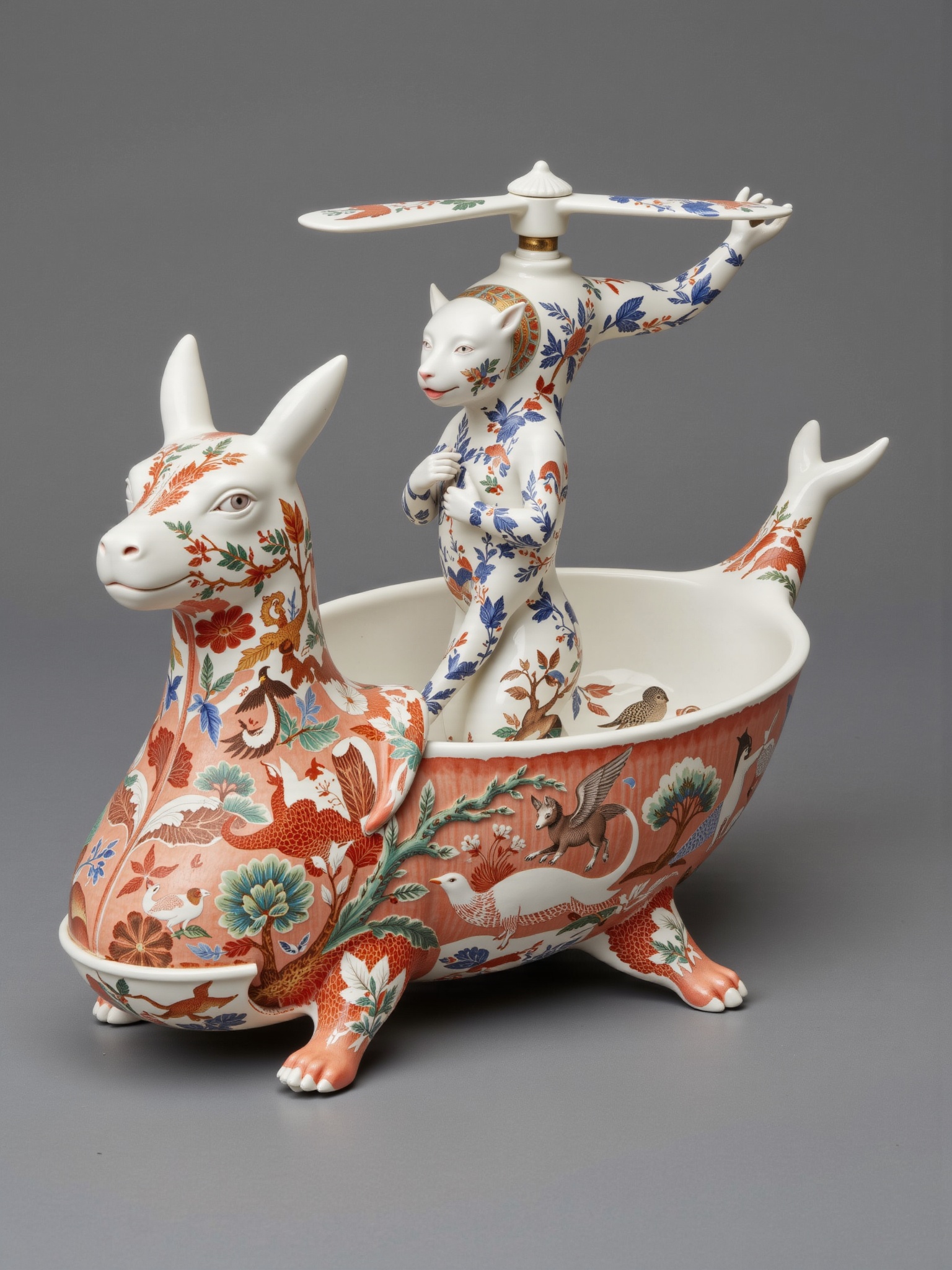 ((porcelain)),  human-animal hybrid,  Cloisonné enamel porcelain. translucent body revealing inner world A sugar bowl mold...