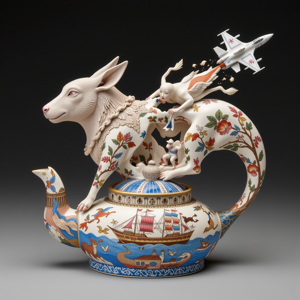 ((porcelain)),  human-animal hybrid,  Cloisonné enamel porcelain. translucent body revealing inner world A teapot styled a...