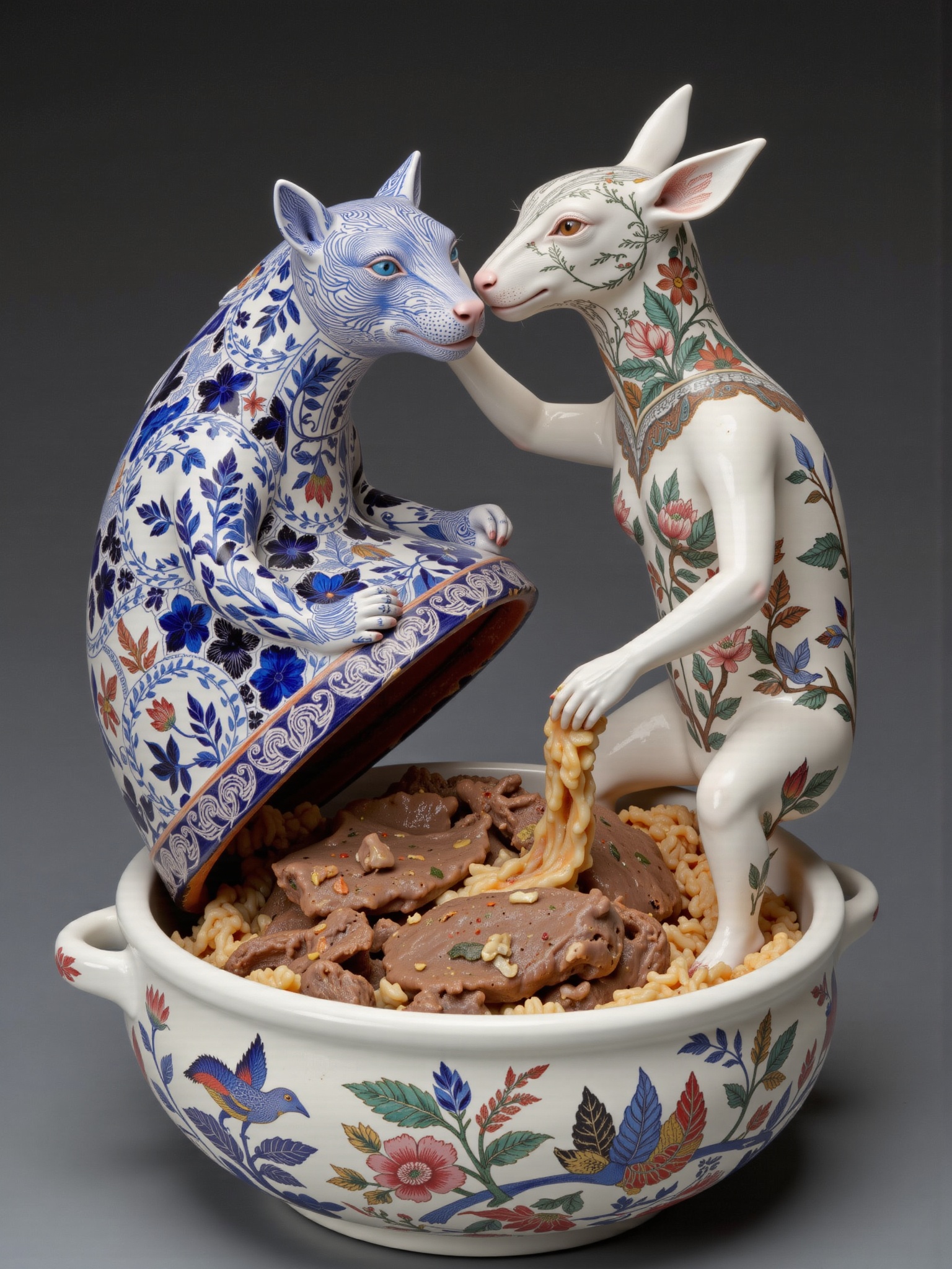 ((porcelain)),  human-animal hybrid,  translucent body revealing inner world A Moroccan Zellij mosaic tagine clashes with...