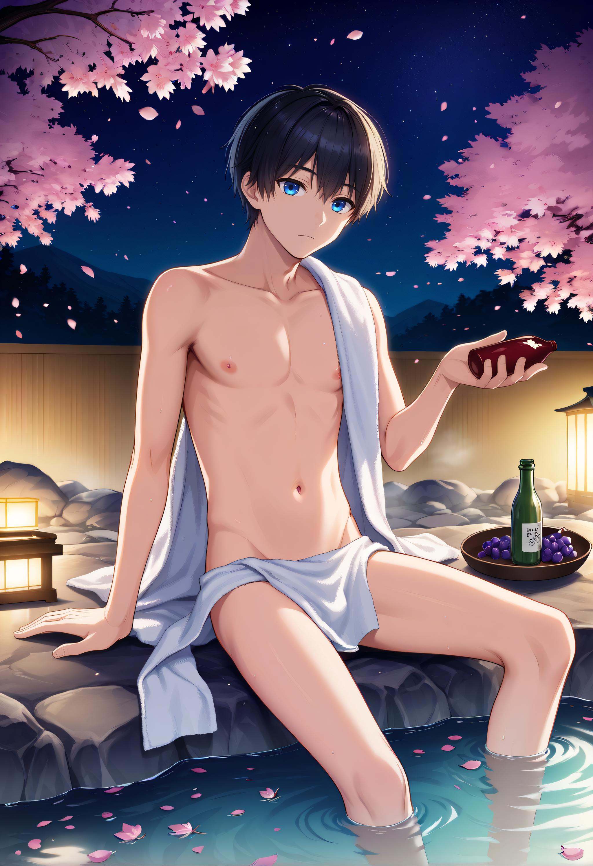1boy,  solo. cherry blossoms,  onsen on Tensor.Art