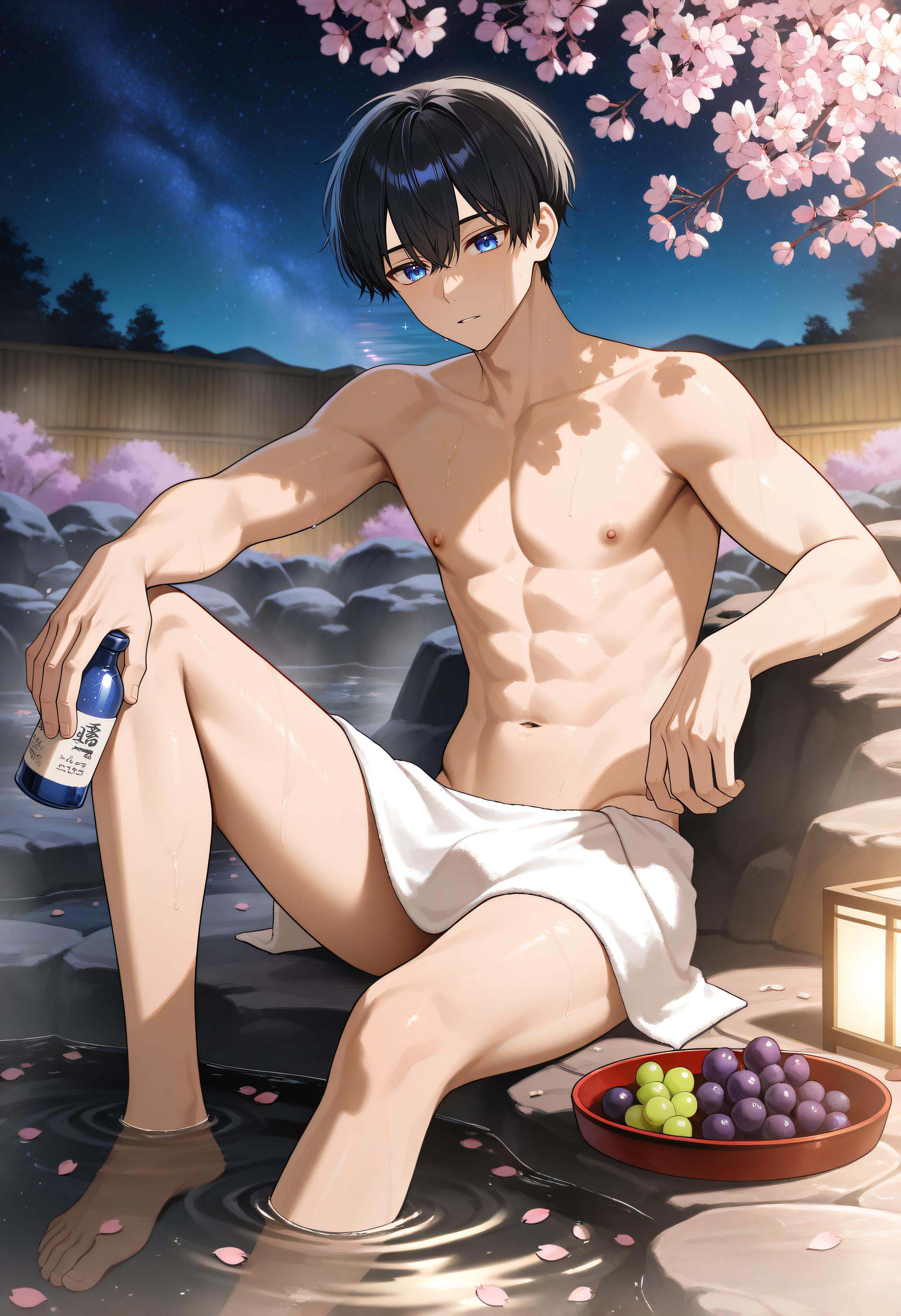 1boy,  solo. cherry blossoms,  onsen on Tensor.Art