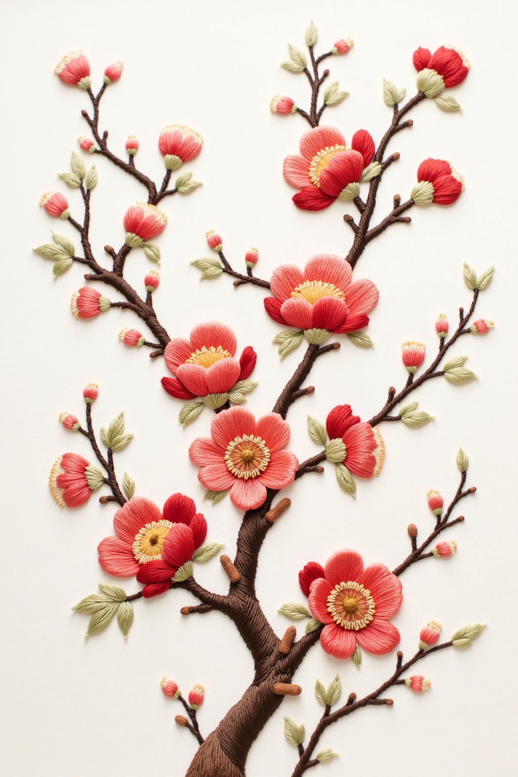 A beautiful embroidery painting with red plum blossoms as the main body. The silk thread delicately outlines the branches...