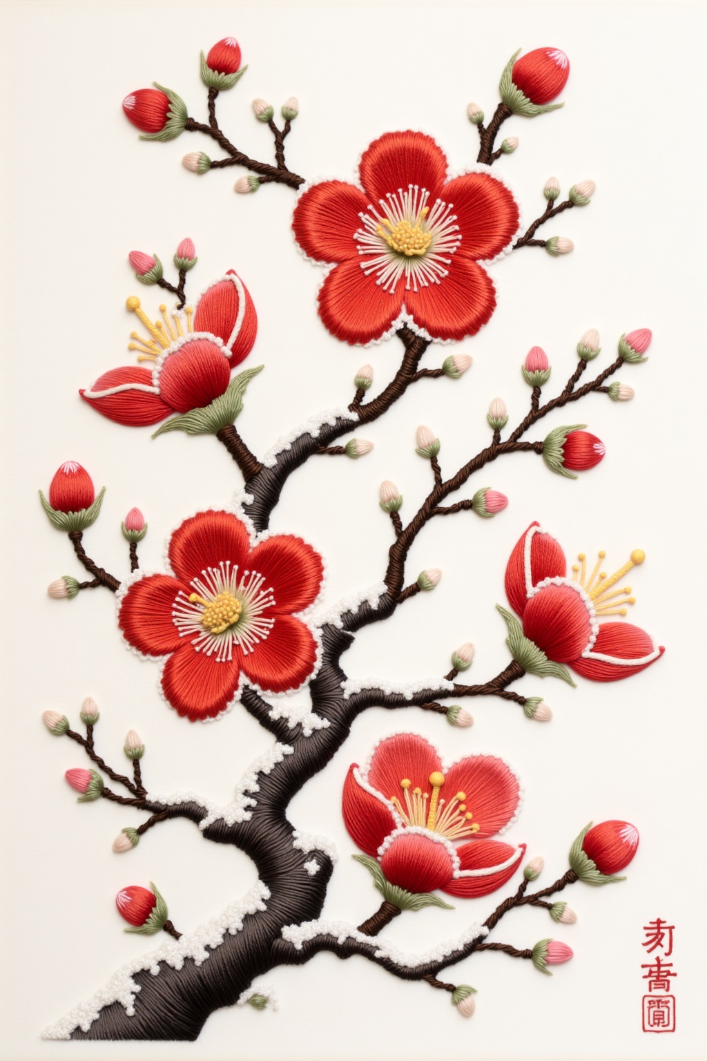 A beautiful embroidery painting is mainly composed of red plum blossoms blooming proudly in the snow. The silk thread deli...