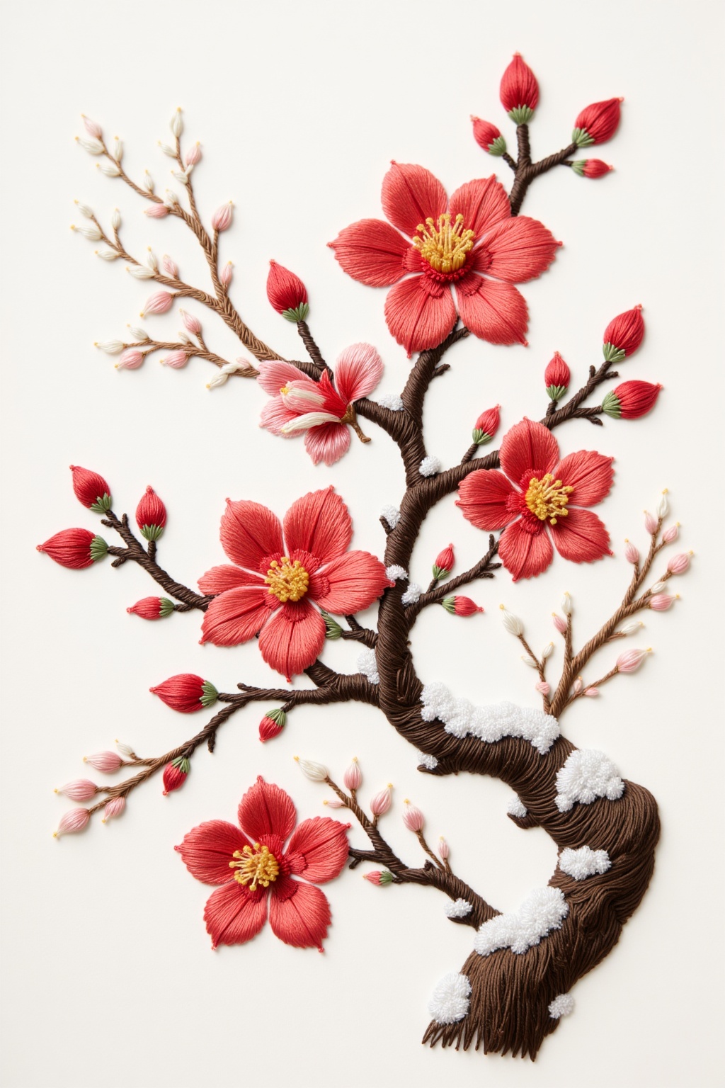 A beautiful embroidery painting is mainly composed of red plum blossoms blooming proudly in the snow. The silk thread deli...
