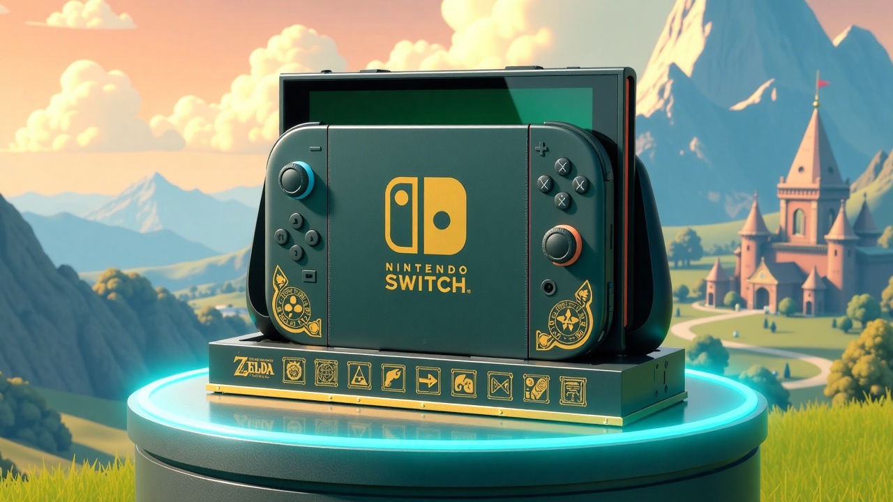 Ultra-detailed product concept design of the Nintendo Switch 2,  imagined as a premium “Legend of Zelda: Master’s Relic” e...