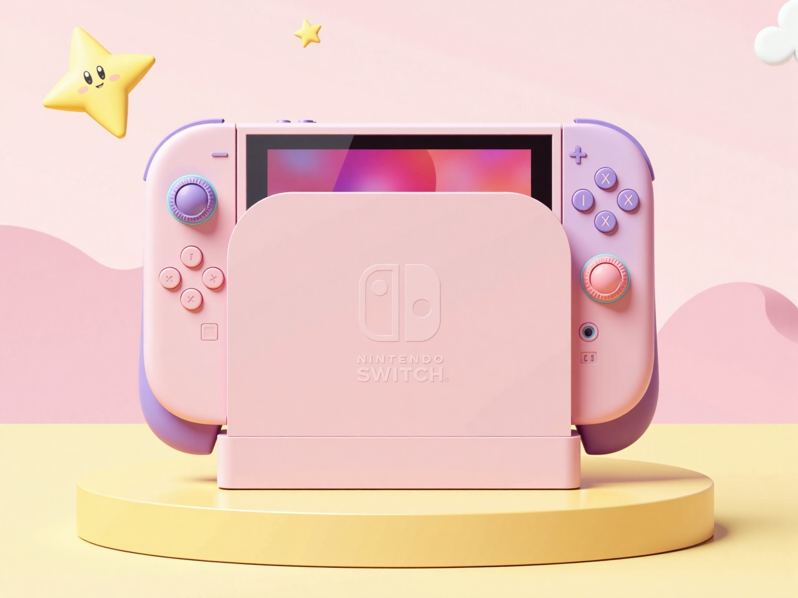 Ultra-detailed product concept design of the Nintendo Switch 2,  imagined as a premium “Kirby Dream Edition”. The console...