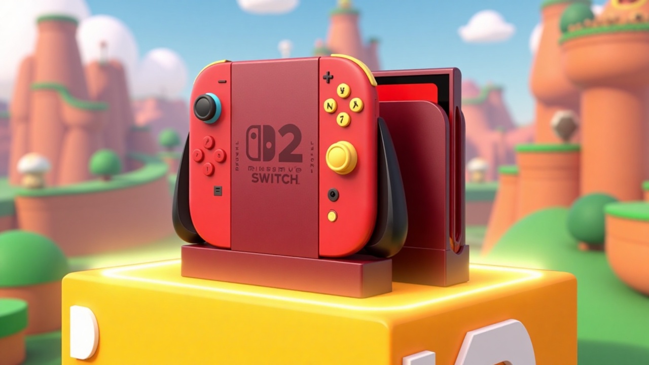 Ultra-detailed product concept design of the Nintendo Switch 2,  imagined as a premium "Super Mario Bros" edition. The con...