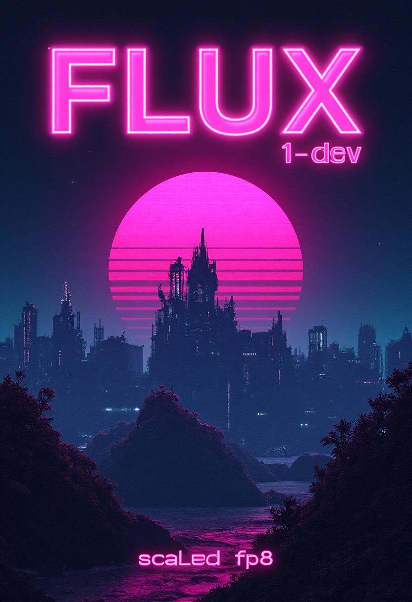 Stylized poster with text reading "FLUX.1-dev",  with a subtitle below with text that reads "scaled fp8". retro,  synthwav...