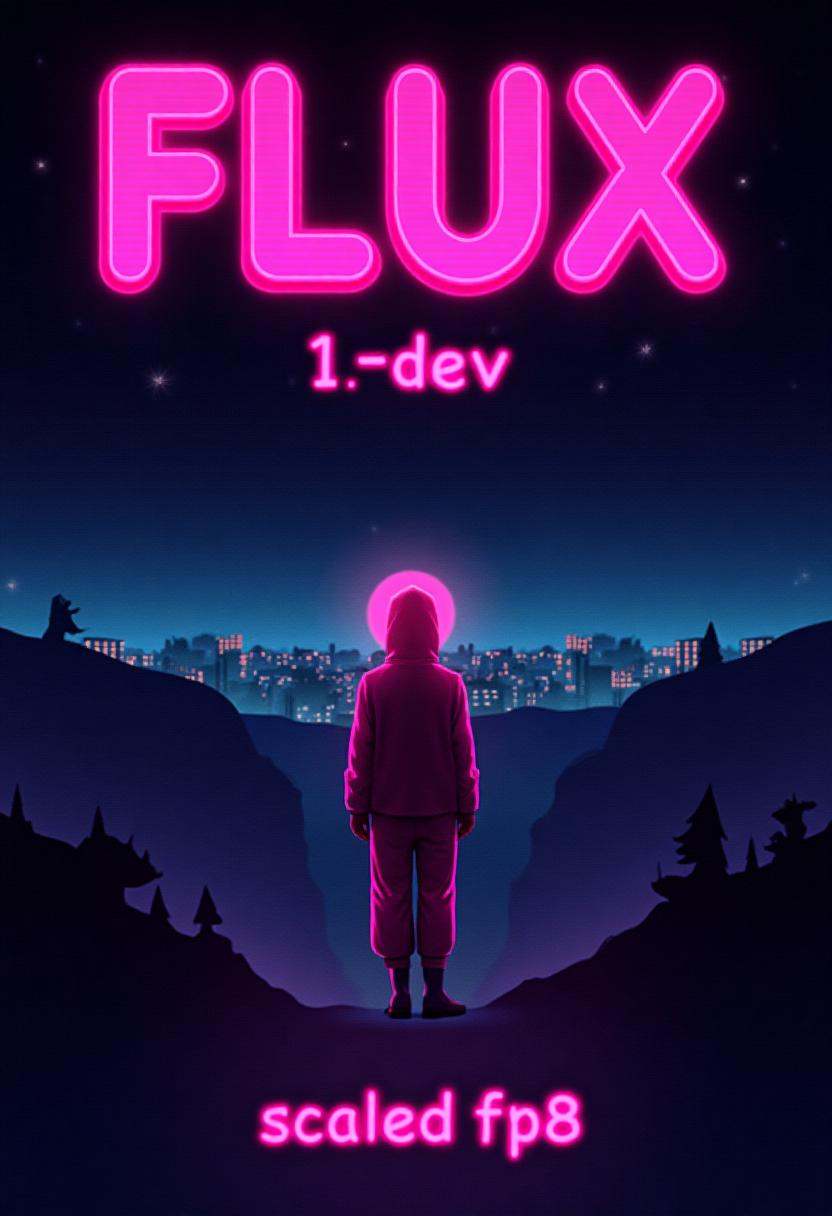 Stylized poster with text title reading "FLUX.1-dev",  with a subtitle below with text that reads "scaled fp8". retro,  sy...