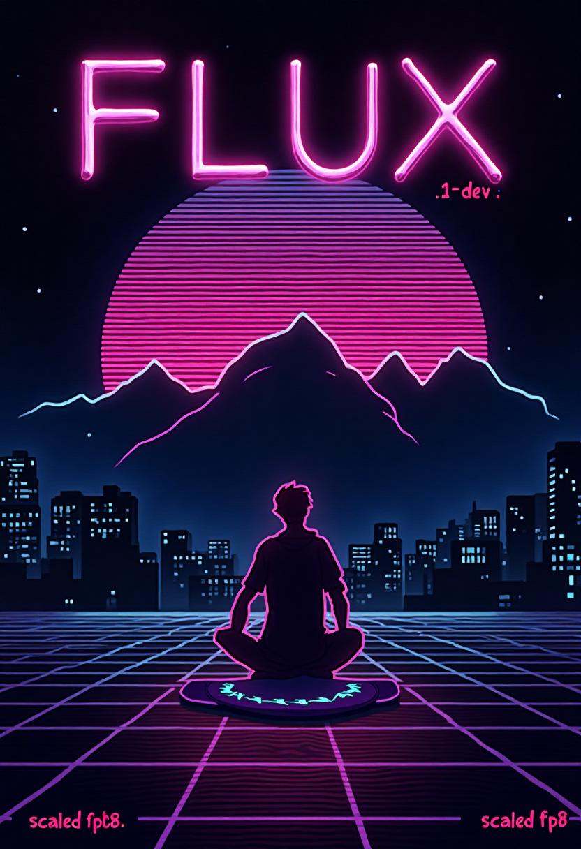 Stylized poster with text title reading "FLUX.1-dev". Below,  a subtitle with more text reads "scaled fp8". retro,  synthw...