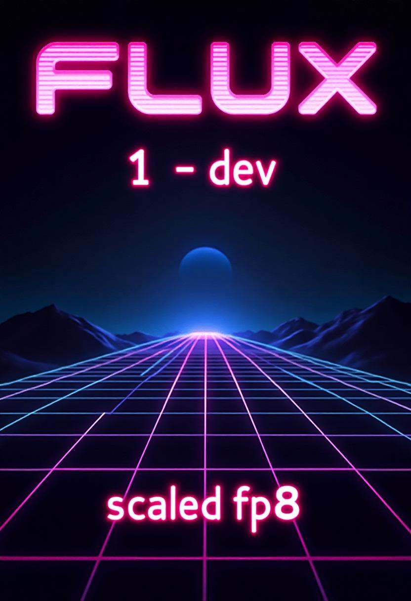 Stylized poster with text title reading "FLUX.1-dev",  with a subtitle below with text that reads "scaled fp8". retro,  sy...