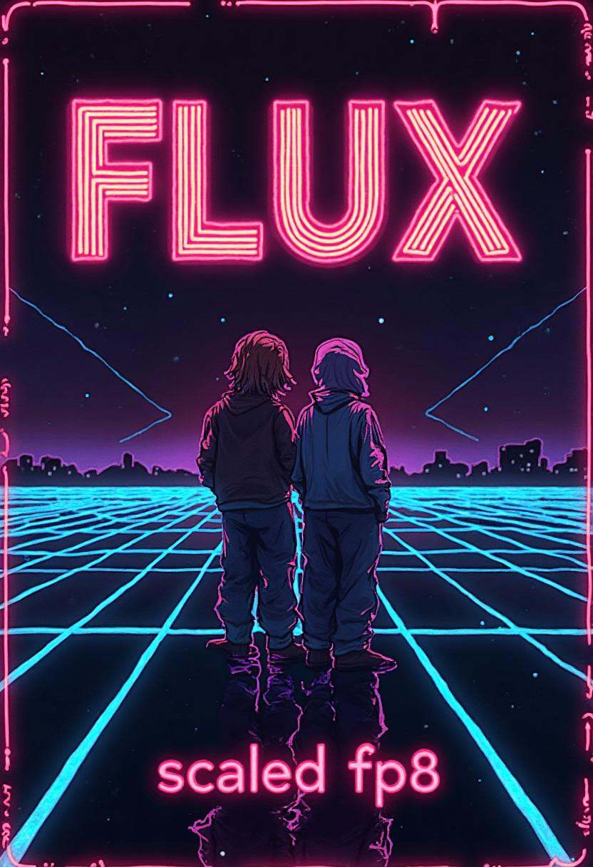 Stylized poster with text reading "FLUX.1-dev",  with a subtitle below with text that reads "scaled fp8". retro,  synthwav...