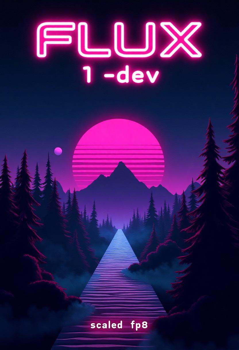 Stylized poster with text title reading "FLUX.1-dev". Below,  a subtitle with more text reads "scaled fp8". retro,  synthw...