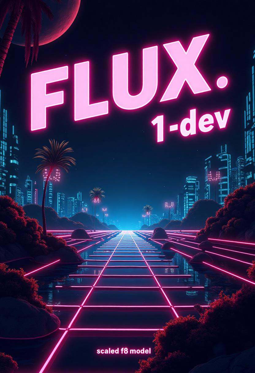 Stylized poster with text reading "FLUX.1-dev" and subtitled "scaled fp8 model". retro,  synthwave,  vaporwave on Tensor.Art