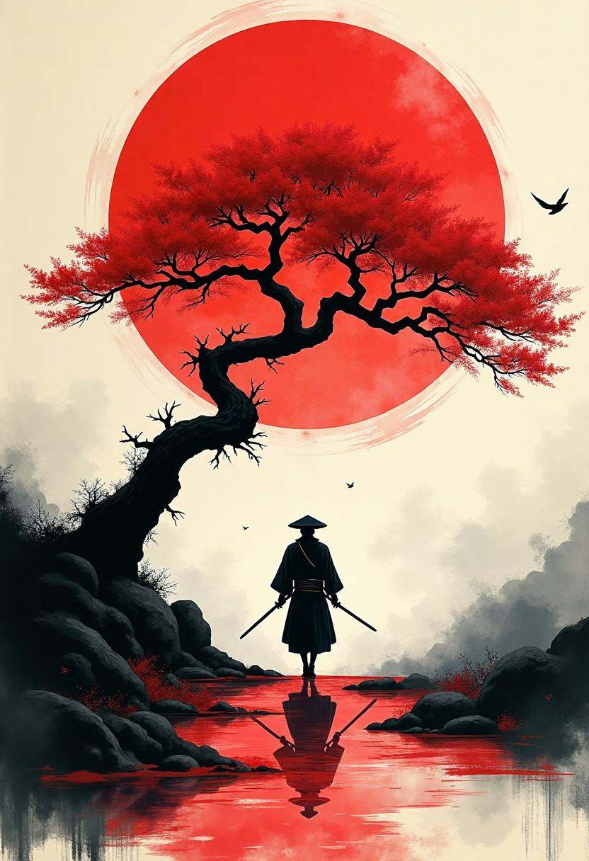 A lone samurai strides forward,  his silhouette calm yet unwavering against a vivid,  stylized backdrop. A massive crimson...