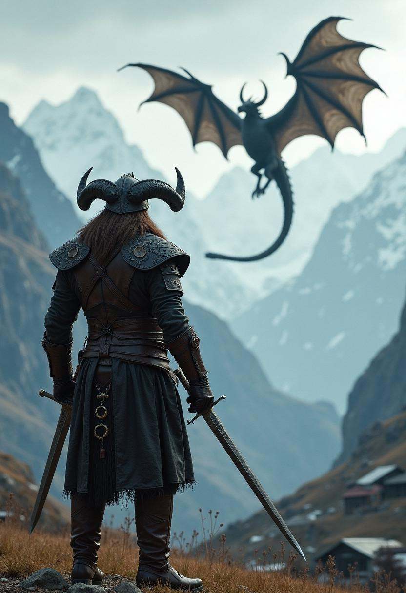 cinematic,  Skyrim themed,  a warrior wearing leather armor and horned helmet on Tensor.Art