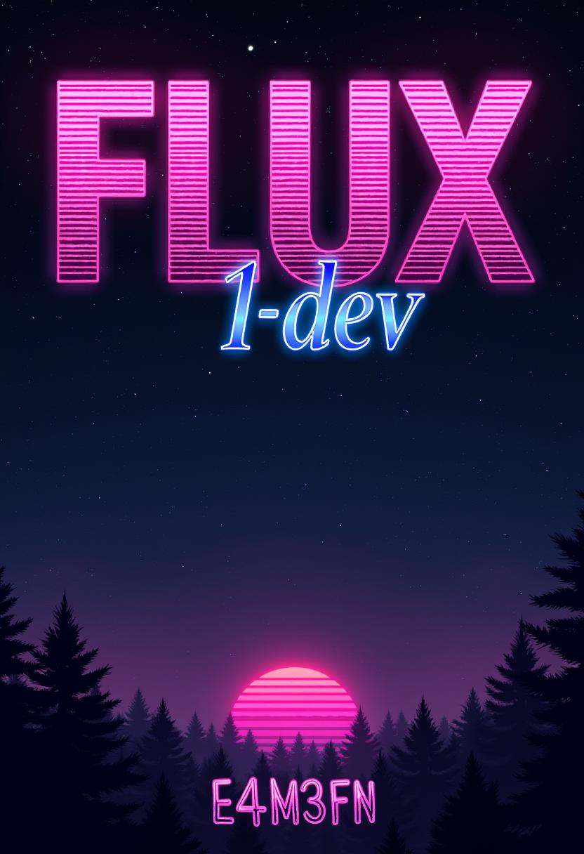 Stylized poster with text title reading "FLUX.1-dev". Below,  a subtitle with more text reads "E4M3FN". retro,  synthwave...