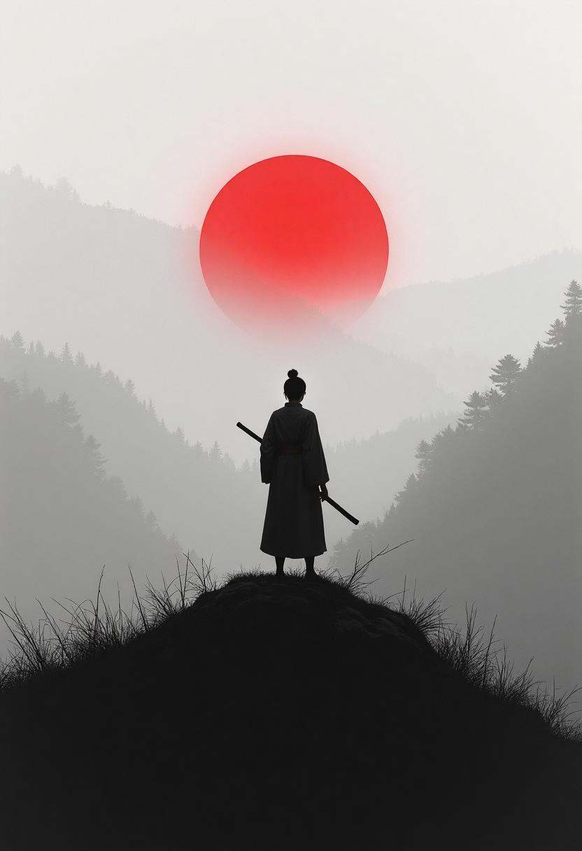 A lone figure stands atop a hill,  their back view framed against a foggy background. Gripping a stave,  their shadow stre...