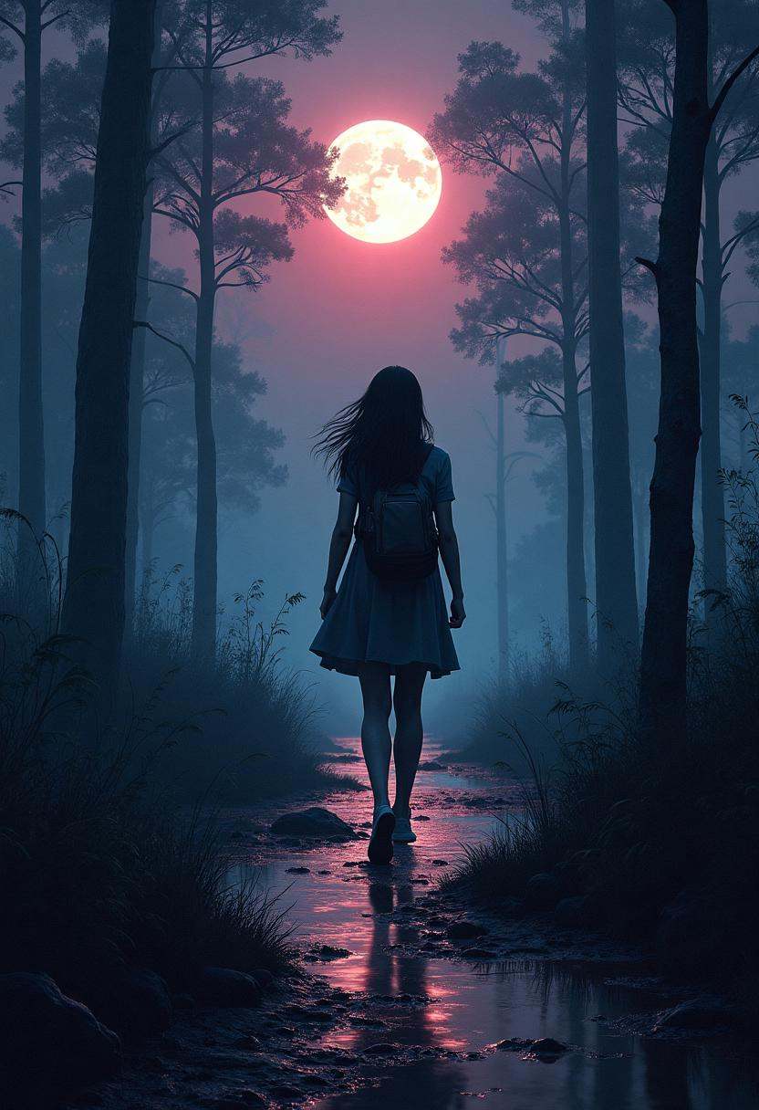 A hyper-realistic digital painting captures a lone woman wandering a narrow,  muddy trail through the eerie boglands of th...